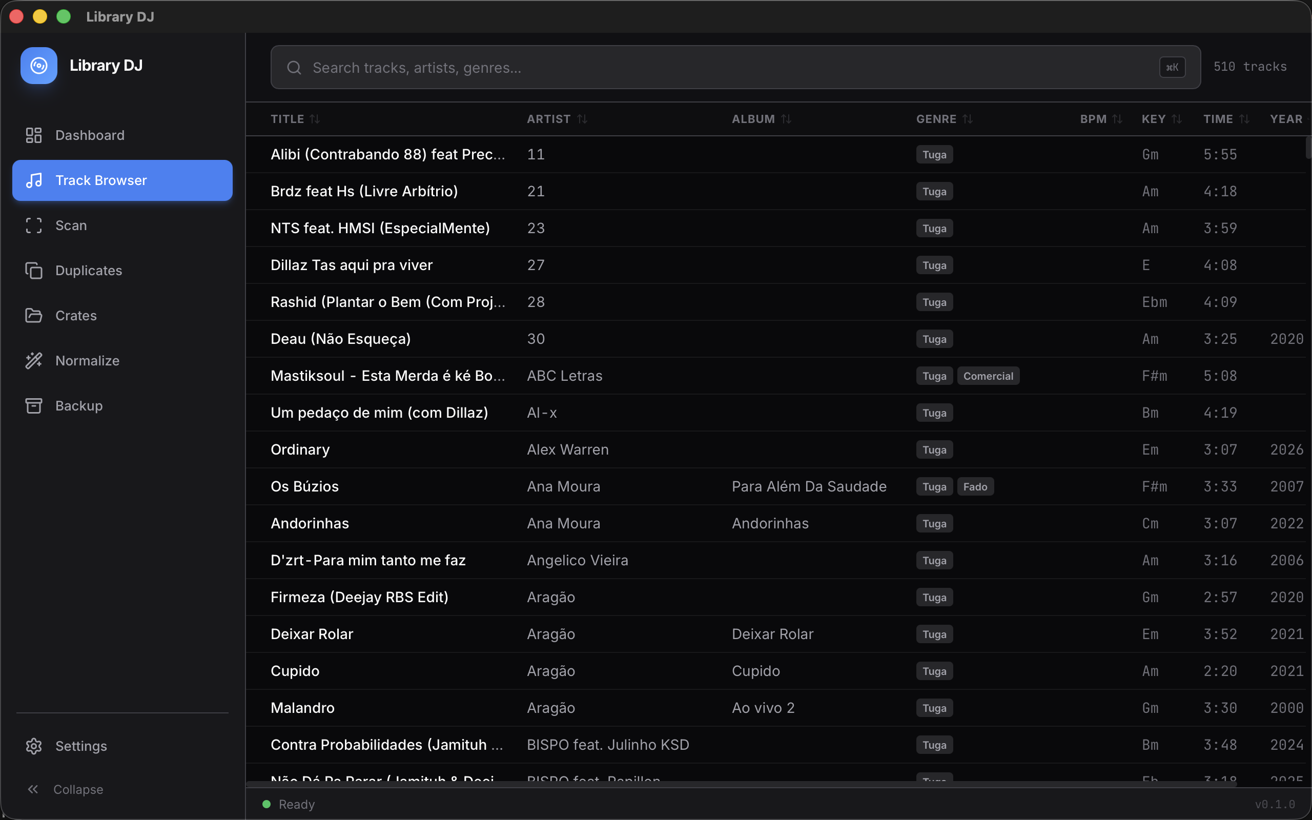 Track browser with search and inline editing